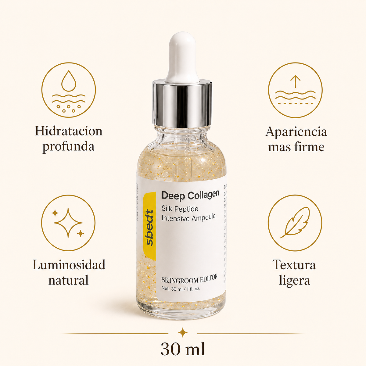 Ventajas del sérum Deep Collagen: hidratación profunda, apariencia más firme, luminosidad natural y textura ligera